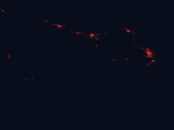 Satellite night-light map of the 100 km around Mole Creek Karst National Park, with Launceston, Devonport and Burnie marked