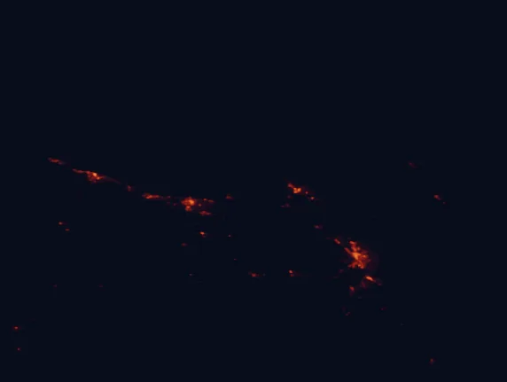 Satellite night-light map of the 100 km around Narawntapu National Park, with Launceston, Devonport and Burnie marked
