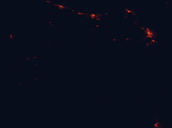 Satellite night-light map of the 100 km around Walls of Jerusalem National Park, with Launceston, Devonport and Burnie marked
