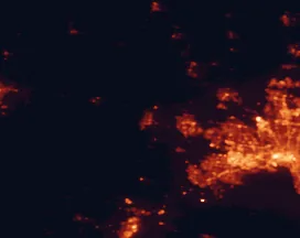 Satellite night-light map of the 50 km around Bacchus Marsh, with Melbourne, St Albans and Aintree marked
