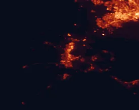 Satellite night-light map of the 50 km around Geelong, with Torquay, St Albans and Ocean Grove marked
