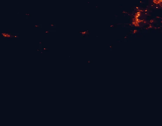 Satellite night-light map of the 100 km around Great Otway National Park, with Geelong, Warrnambool and Torquay marked