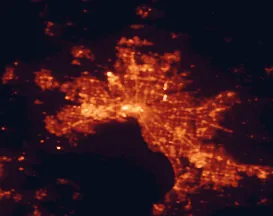 Satellite night-light map of the 50 km around Melbourne, with St Albans, Balwyn North and Frankston East marked