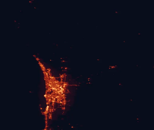 Satellite night-light map of the 100 km around Avon Valley National Park, with Perth, Kwinana and Maylands marked