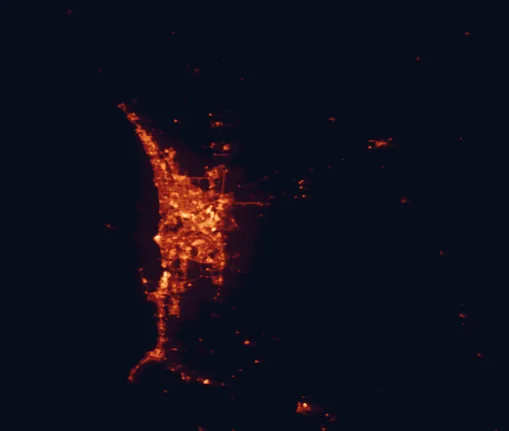 Satellite night-light map of the 100 km around Beelu National Park, with Perth, Mandurah and Kwinana marked