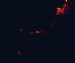 Satellite night-light map of the 50 km around Busselton, with Bunbury, Dunsborough and Margaret River marked