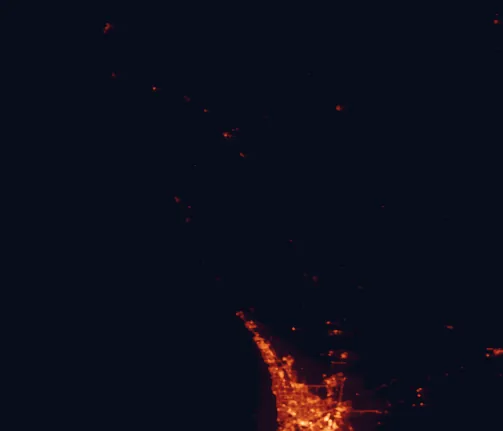 Satellite night-light map of the 100 km around Moore River National Park, with Maylands, Joondalup and Quinns Rocks marked