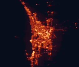 Satellite night-light map of the 50 km around Perth, with Kwinana, Bentley and Claremont marked