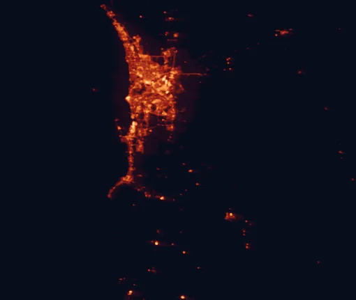 Satellite night-light map of the 100 km around Serpentine National Park, with Perth, Mandurah and Kwinana marked