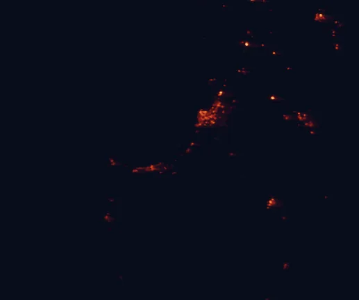 Satellite night-light map of the 100 km around Tuart Forest National Park, with Bunbury, Busselton and West Busselton marked