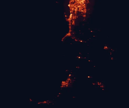 Satellite night-light map of the 100 km around Yalgorup National Park, with Mandurah, Bunbury and Kwinana marked