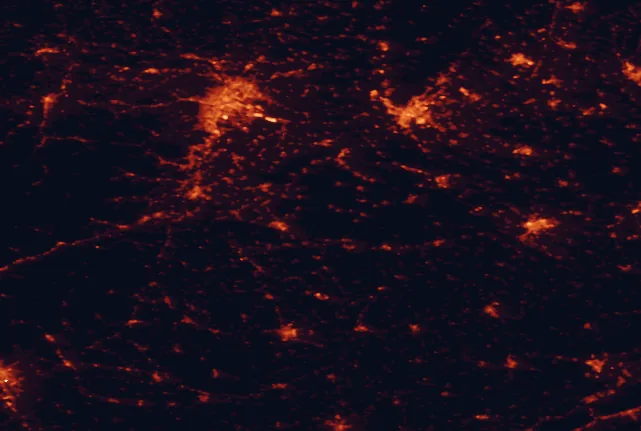 Satellite night-light map of the 100 km around Neusiedler See-Seewinkel National Park, with Vienna, Bratislava and Sopron marked