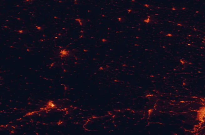 Satellite night-light map of the 100 km around Blockheide Nature Park, with Linz, České Budějovice and Jihlava marked