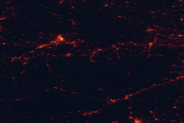 Satellite night-light map of the 100 km around Buchenberg Nature Park, with Linz, Steyr and Amstetten marked