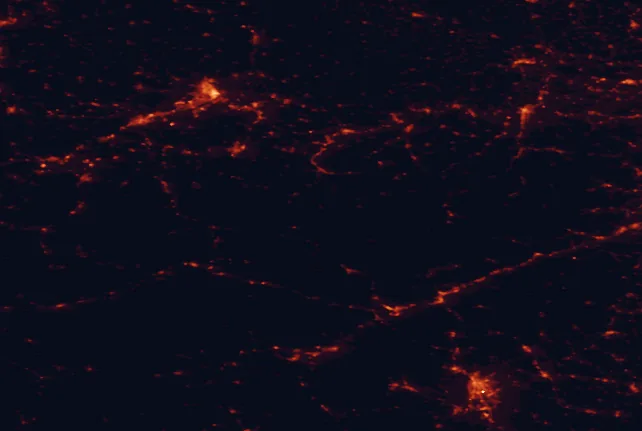 Satellite night-light map of the 100 km around the Eisenwurzen, with Graz, Linz and Steyr marked