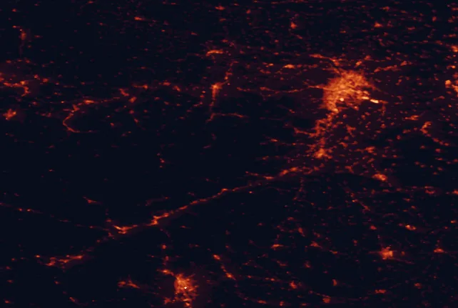 Satellite night-light map of the 100 km around Falkenstein Nature Park, with Vienna, Graz and Wiener Neustadt marked