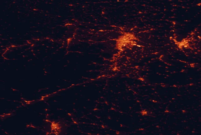 Satellite night-light map of the 100 km around Hohe Wand Nature Park, with Vienna, Bratislava and Graz marked