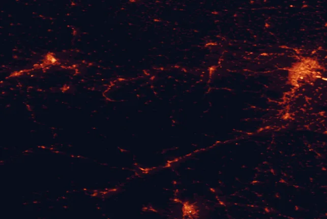 Satellite night-light map of the 100 km around Ötscher-Tormäuer Nature Park, with Vienna, Graz and Linz marked