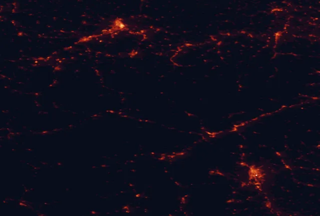 Satellite night-light map of the 100 km around Gesäuse National Park, with Graz, Linz and Steyr marked