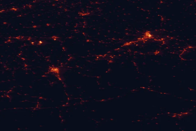 Satellite night-light map of the 100 km around the Attersee-Traunsee Nature Park, with Salzburg, Linz and Passau marked