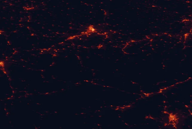 Satellite night-light map of the 100 km around Kalkalpen National Park, with Linz, Graz and Steyr marked