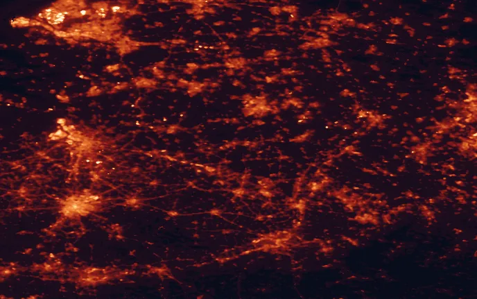 Satellite night-light map of the 100 km around Bosland National Park, with Brussels, Rotterdam and Antwerp marked