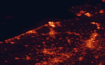 Satellite night-light map of the 50 km around Brugge, with Gent, Ostend and Kortrijk marked