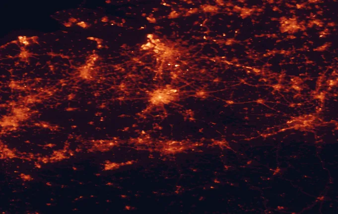 Satellite night-light map of the 100 km around Forests of Brabant National Park, with Brussels, Antwerp and Anderlecht marked