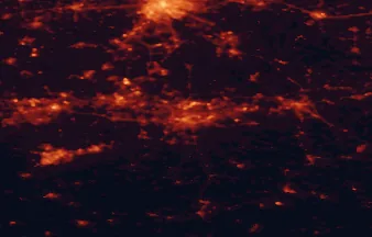Satellite night-light map of the 50 km around Charleroi, with Anderlecht, Namur and La Louvière marked