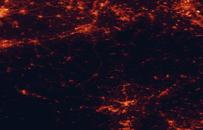 Satellite night-light map of the 100 km around Deux Ourthes Nature Park, with Köln, Aachen and Liège marked