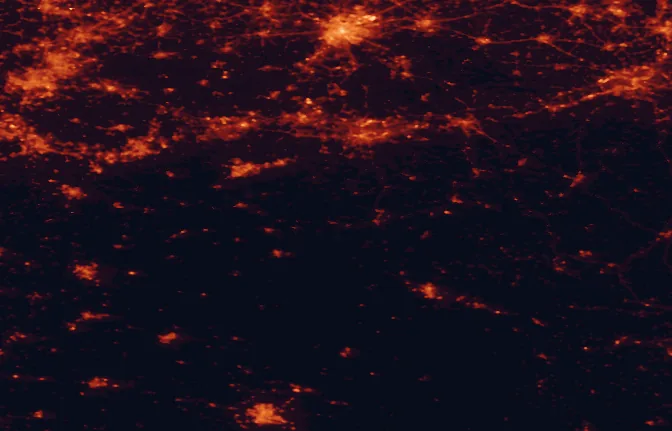 Satellite night-light map of the 100 km around Entre-Sambre-et-Meuse National Park, with Brussels, Charleroi and Lille marked