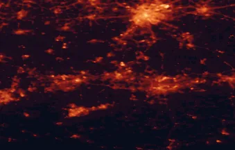 Satellite night-light map of the 50 km around La Louvière, with Brussels, Charleroi and Mons marked