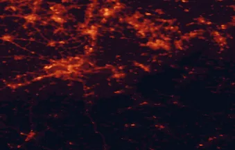 Satellite night-light map of the 50 km around Verviers, with Aachen, Liège and Maastricht marked