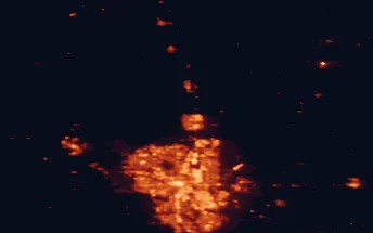 Satellite night-light map of the 50 km around Airdrie, with Calgary, Cochrane and Chestermere marked