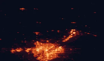Satellite night-light map of the 50 km around Bon Accord, with Edmonton, St. Albert and Sherwood Park marked