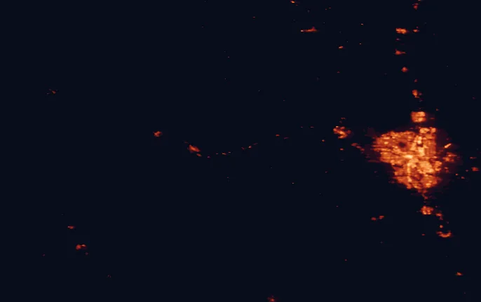Satellite night-light map of the 100 km around Bow Valley Provincial Park, with Calgary, Airdrie and Cochrane marked