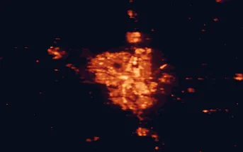 Satellite night-light map of the 50 km around Calgary, with Airdrie, Chestermere and Cochrane marked