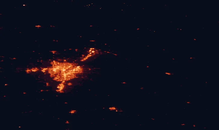 Satellite night-light map of the 100 km around Elk Island National Park, with Edmonton, Sherwood Park and St. Albert marked