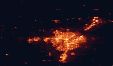 Satellite night-light map of the 50 km around St. Albert, with Edmonton, Sherwood Park and Spruce Grove marked
