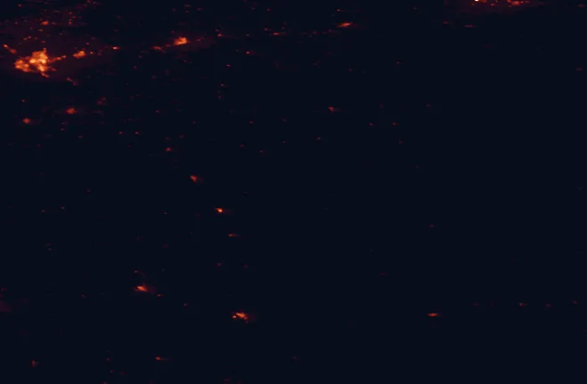Satellite night-light map of the 100 km around Writing-on-Stone Provincial Park, with Lethbridge, Taber and Coaldale marked