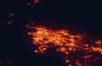 Satellite night-light map of the 50 km around Burnaby, with Vancouver, Surrey and Richmond marked