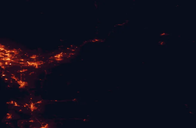 Satellite night-light map of the 100 km around Chilliwack Lake Provincial Park, with Abbotsford, Chilliwack and Langley marked