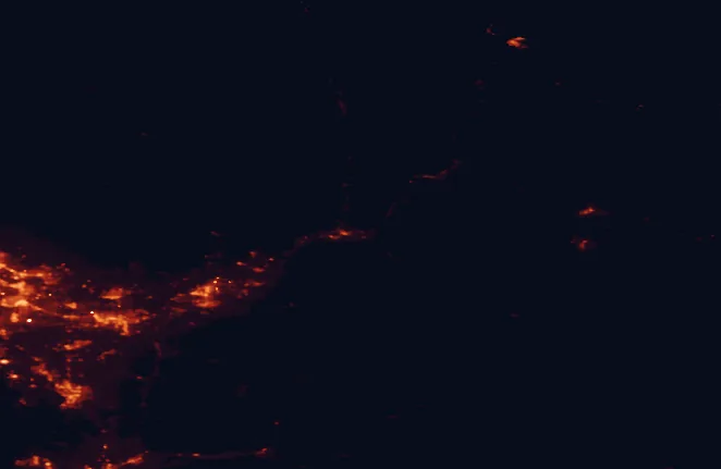 Satellite night-light map of the 100 km around Coquihalla Canyon Provincial Park, with Abbotsford, Chilliwack and Langley marked