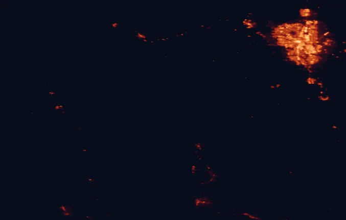 Satellite night-light map of the 100 km around Elk Lakes Provincial Park, with Calgary, Airdrie and Cochrane marked