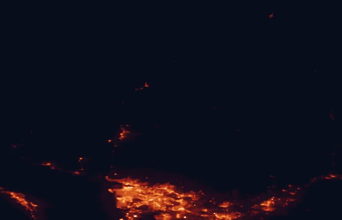 Satellite night-light map of the 100 km around Garibaldi Provincial Park, with Vancouver, Surrey and Burnaby marked