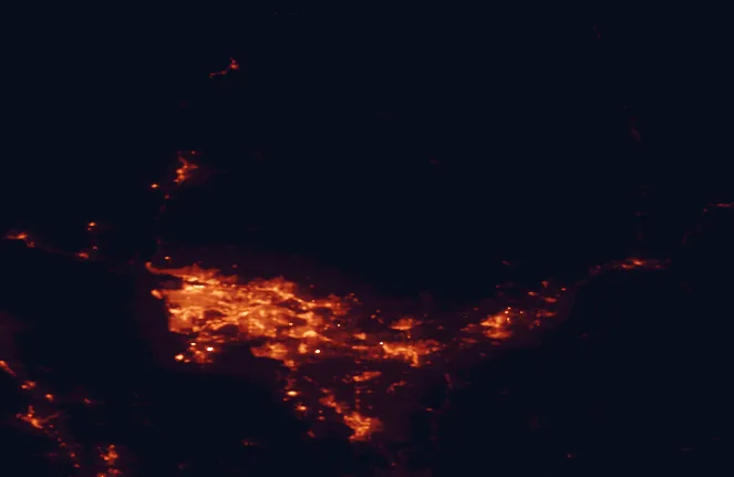 Satellite night-light map of the 100 km around Golden Ears Provincial Park, with Vancouver, Surrey and Burnaby marked
