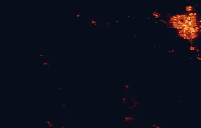 Satellite night-light map of the 100 km around Height of the Rockies Provincial Park, with Calgary, Airdrie and Cochrane marked
