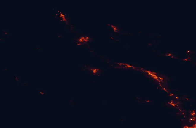 Satellite night-light map of the 100 km around Horne Lake Caves Provincial Park, with Nanaimo, Port Alberni and Courtenay marked