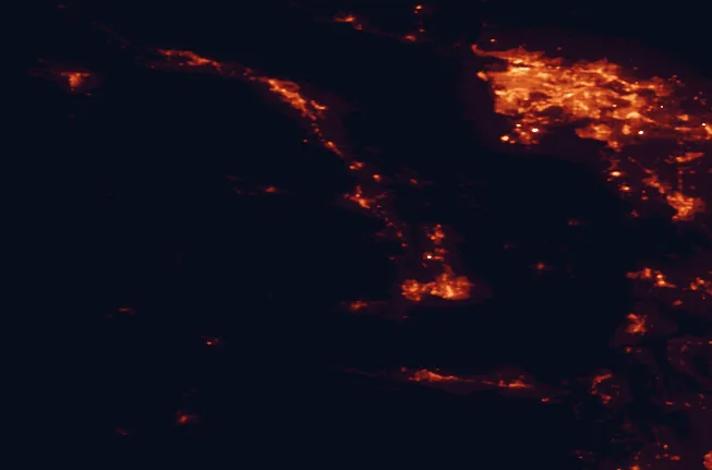 Satellite night-light map of the 100 km around Koksilah River Provincial Park, with Vancouver, Surrey and Victoria marked