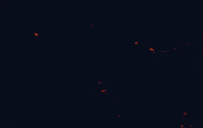 Satellite night-light map of the 100 km around Kootenay National Park, with Canmore and Banff marked